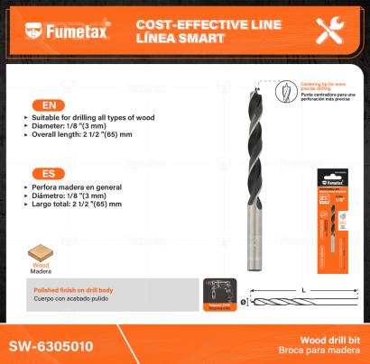 SW-6305010-(Caja master 1 CTN=200 SKU)-(MOQ 1 SKU)-Punta centradora para una perforación más precisa
Perfora madera en general