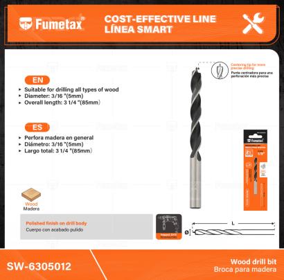 SW-6305012-(Caja master 1 CTN=200 SKU)-(MOQ 1 SKU)-Punta centradora para una perforación más precisa
Perfora madera en general