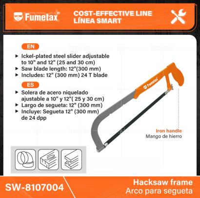 SW-8107004-(Caja master 1 CTN=48 SKU)-(MOQ 12 SKU)-Solera de acero niquelado ajustable a 10" y 12"( 25 y 30 cm)
Largo de segueta:12" (300 mm)