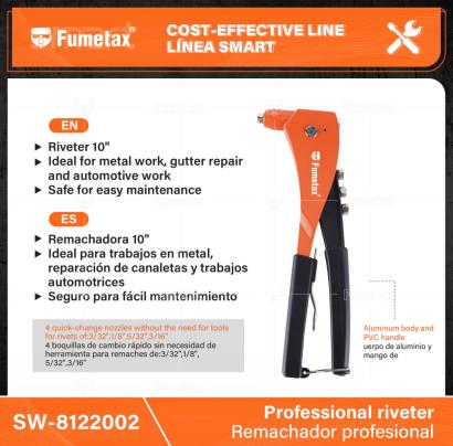 SW-8122002-(Caja master 1 CTN=24 SKU)-(MOQ 1 SKU)-Remachadora profesional 10”
Cuerpo de aluminio y mango de PVC