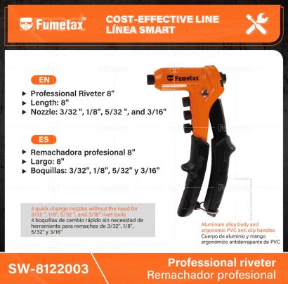 SW-8122003-(Caja master 1 CTN=24 SKU)-(MOQ 1 SKU)-Remachadora profesional 8"
Cuerpo de aluminio y mango ergonómico antiderrapante de PVC