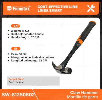 SW-81250802-(Caja master 1 CTN=24 SKU)-(MOQ 1 SKU)-Cabeza de acero forjada en una sola pieza, cara con alojamiento imantado para clavos
Mango antiderrapante con TPR que brinda doble protección antivibración