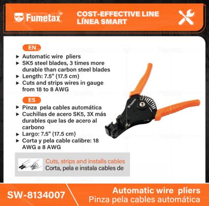 SW-8134007-(Caja master 1 CTN=60 SKU)-(MOQ 1 SKU)-Pinza  pela cables automática
Cuchillas de acero SK5, 3X más durables que las de acero al carbono