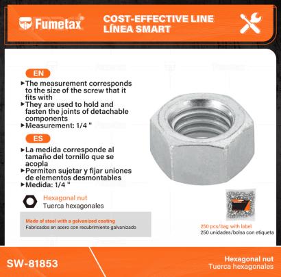 SW-81853-(Caja master 1 CTN=20 SKU)-(MOQ 1 SKU)-Tuerca hexagonales
Fabricadas en acero con recubrimiento galvanizado