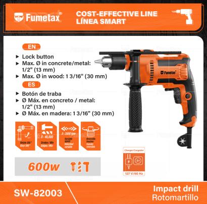 SW-82003-(Caja master 1 CTN=10 SKU)-(MOQ 1 SKU)-Para perforación en concreto, madera y metal
Motor montado sobre baleros de bolas para mayor vida útil y mejor desempeño
