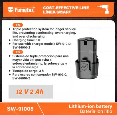 SW-91008-(Caja master 1 CTN=40 SKU)-(MOQ 1 SKU)-Sistema de triple protección para mayor vida útil que evita: sobrecalentamiento, sobrecarga y sobredescarga
Compatibles con todas las máquinas inalámbricas de 12 V FUMETAX DIY