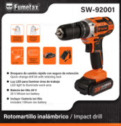 SW-92001 (Caja master 8)(MOQ  1 pz=1 caja) Rotomartillo inalámbrico /lmpact drill